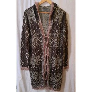 Eddie Bauer Womens Medium Bohemian Tie Front Long Cardigan Hooded Earthtones